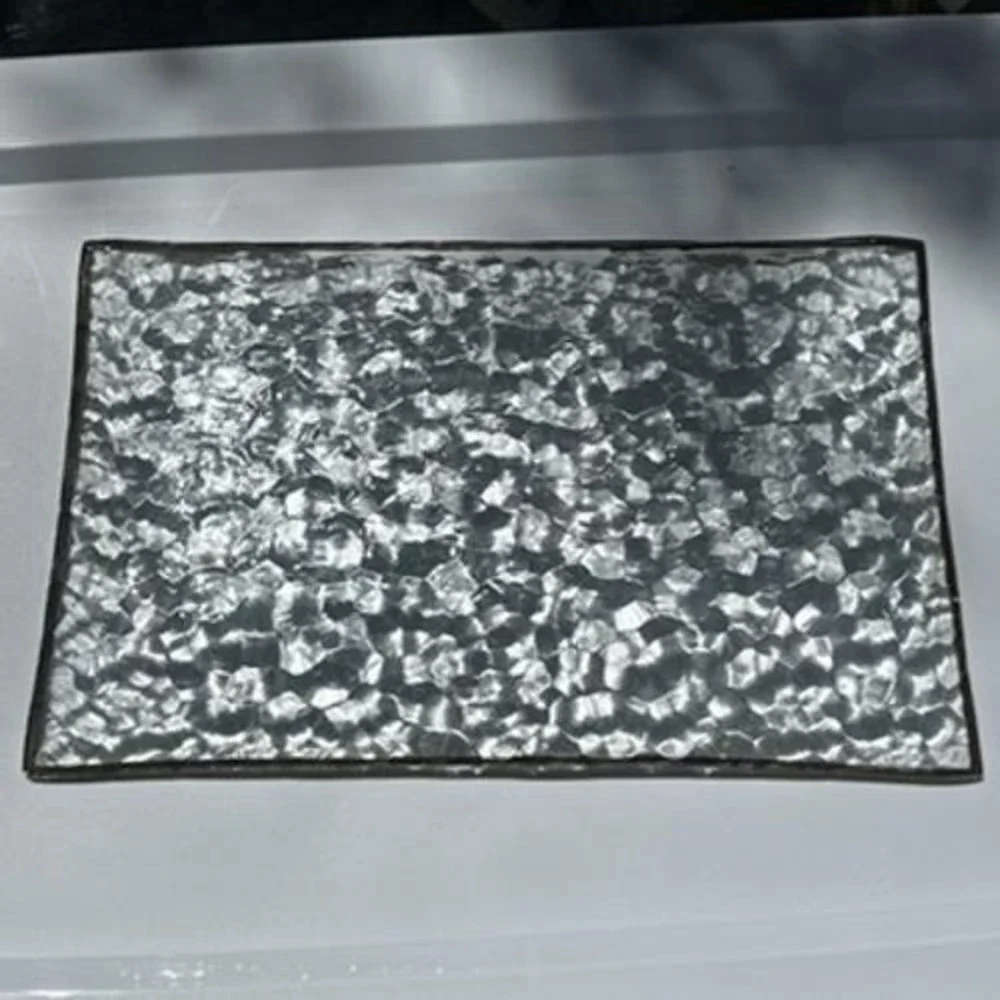 Vtg Textured Ice Glass Rectangular Serving Tray Gold Rim Hammered Clear Tray 13